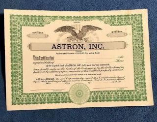 Vintage Astron Inc $50 Per Share Stock Certificate Blank Un - Circulated