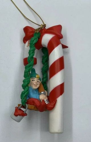 Vintage National Rennoc 1991 Christmas Ornament Elf On Swing Painting Candy Cane