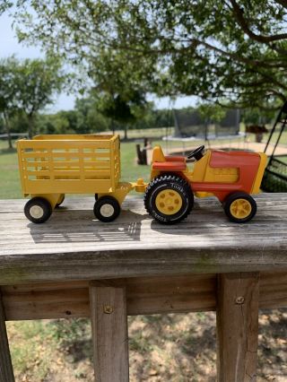 Vintage Tonka Pressed Steel Garden Lawn Tractor & Trailer Orange And Yellow