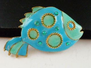Sweet Vintage Blue & Green Enamel Fish Pin Brooch W/green Rhinestone Accents