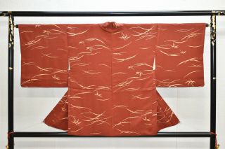 Vintage Silk Kimono Jacket:classic Red Brown Autumn Grass/bamboo@yn39