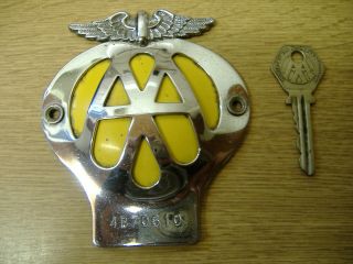 Vintage Aa Badge,  Chrome Plate On Brass With Alloy Backing Plate And Old Aa Key