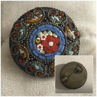 Vintage Jewellery Micro Mosaic Circular Floral Brooch Dress Pin Italy Af