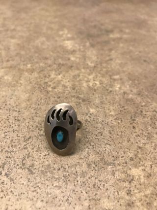 Vintage Navajo Bear Claw Sterling Silver Ring Turquoise Stone Size 6 1/2