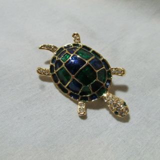 Sparkling Vintage Gold Tone Blue Green Enamel Rhinestone Turtle Pin Brooch
