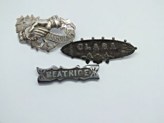 3 Dainty Vintage Victorian Name Brooches Whitby Jet & Silver Clara,  Beatrice Etc