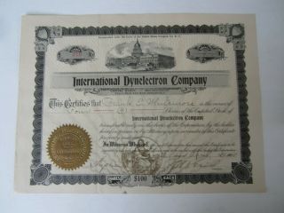 Old Vintage 1905 International Dynelectron Co.  Stock Certificate Washington D.  C.