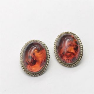 Vintage Ladies Solid Silver Celtic Amber Set Solitaire Clip On Earrings