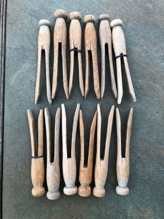 One Dozen Vintage Wooden Clothes Pin Crafts Round Head Flat Top 3.  5” Long