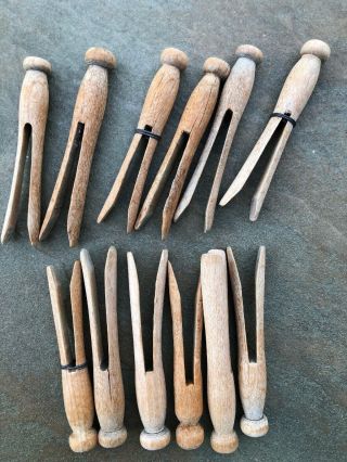ONE DOZEN VINTAGE WOODEN CLOTHES PIN CRAFTS ROUND HEAD FLAT TOP 3.  5” Long 5