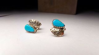 Vtg Navajo Indian Blue Turquoise Stone Sterling Silver Feather Pierce Earrings