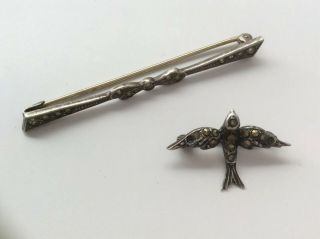 2 X Vintage Silver & Marcasite Pin Brooches,  Bird,  Bar