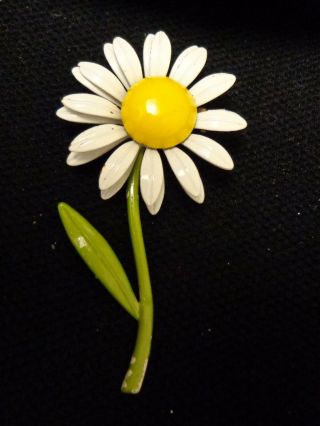 Vintage Retro White Daisy Flower Brooch Green Stem Metal Double Petals 3 "