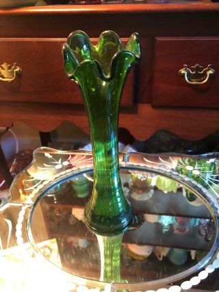 Vintage Fenton Green Stretch Swung Ribbed Vase 8 Inch