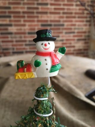 Vintage Mid Century Hard Plastic Snowman,  Sled Small Feather Tree Topper,  Mini 3 "