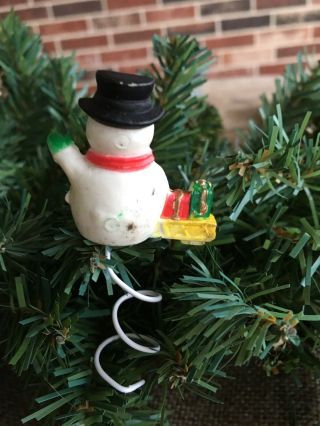 Vintage Mid Century Hard Plastic Snowman,  Sled Small Feather Tree Topper,  Mini 3 