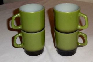 4 Vintage Fire King Anchor Hocking Mugs - Coffee Cups - Green/black - Stackable - 8oz