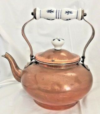 Vintage.  Copper.  Tea Kettle W/ Blue & White Floral Porcelain Handle & Knob