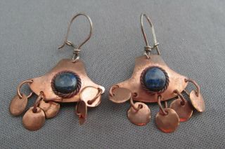 Vintage Chili Sterling Copper Cabochon Lapis Tassel Dangle Pierced Earrings