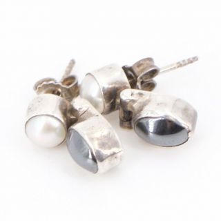 Vtg Sterling Silver - C.  Acleoni Hematite Pearl Hinge Post Stud Earrings - 4g