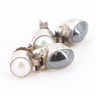 VTG Sterling Silver - C.  Acleoni Hematite Pearl Hinge Post Stud Earrings - 4g 2