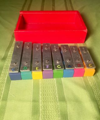 Vintage Wood & Metal Xylophone Scales Musical Toy Colorful Labeled Notes