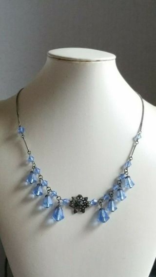Czech Vintage Art Deco Blue Glass Bead Necklace On A Wire Signed 2