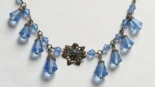 Czech Vintage Art Deco Blue Glass Bead Necklace On A Wire Signed 3