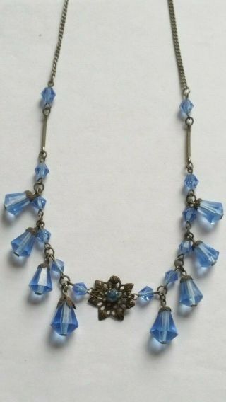 Czech Vintage Art Deco Blue Glass Bead Necklace On A Wire Signed 4