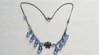 Czech Vintage Art Deco Blue Glass Bead Necklace On A Wire Signed 5