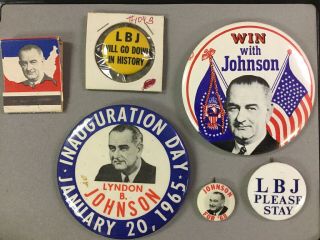 Lyndon B.  Johnson Presidential Campaign & Inauguration Pins & Matches.  Vintage
