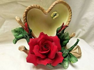 Vintage Capodimonte Italy Bisque Porcelain Red Rose Flower W/heart Figurine Mark