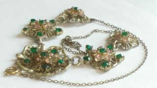 Czech Vintage Art Deco Pink And Green Paste Stone Flower Necklace