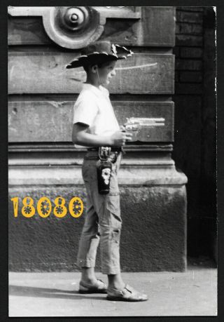 Cute Boy Playing W Toy Gun,  Sheriff Costume,  Funny,  Vintage Photograph,  1970’s