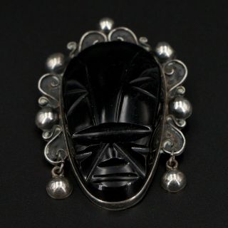 Vtg Sterling Silver - Mexico Carved Onyx Warrior Face Mask Brooch Pin - 25.  5g