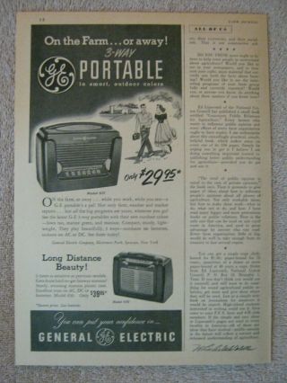 Vintage 1950 G - E General Electric 3 - Way Portable Farm Radios 601 650 Print Ad