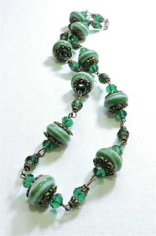 Vintage Green And White Striped Lampwork Art Glass Bead Necklace Jl19222