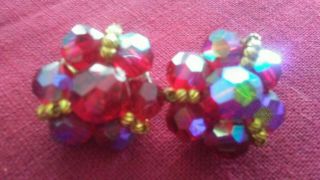Stunning Vintage Gold Tone Ab Aurora Borealis Red Class Crystal Clip On Earrings