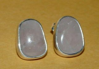 Vintage Modernist " 925 " Sterling Silver W/ Pink Rose Quartz Ornate Post Earrings