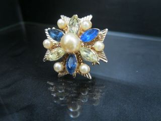 Vintage Signed Coro Maltese Cross Blue And Clear Rhinestones Faux Pearls Brooch