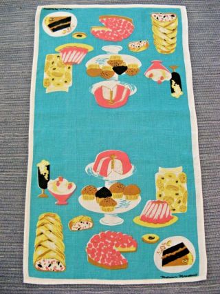 Vtg & Htf - 1950s Linen Tea Towel W/ Desserts Signed By Marian Meadows - Vgc