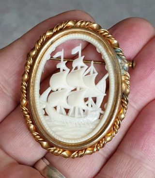 Vintage Edwardian Jewellery Old Sailing Ship Celluloid Scene Gold Brooch Pin