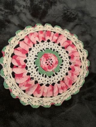 Doilies Doily Pink Green Flower Design Vintage 8”