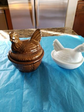2 Vintage Ceramic Covered Containers White Rooster And Brown Chicken