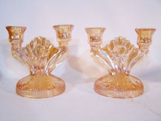 2 Vintage Marigold Carnival Glass Double Candlesticks Candle Holders Jeanette