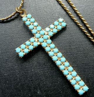 Vintage Turquoise Rhinestone Cross Pendant Gold Tone Chain Necklace 70s - C895