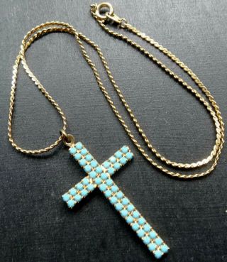 vintage turquoise rhinestone cross pendant gold tone chain necklace 70s - C895 2