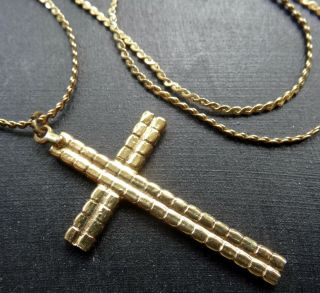 vintage turquoise rhinestone cross pendant gold tone chain necklace 70s - C895 3