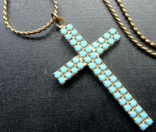 vintage turquoise rhinestone cross pendant gold tone chain necklace 70s - C895 4