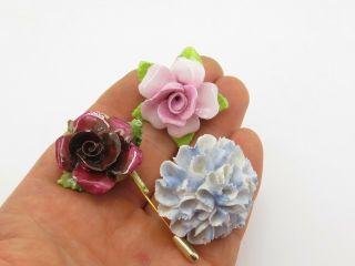 2 X Vintage Hand Painted Flower Brooches & A Stick Pin Coal Port